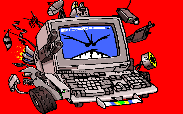 A classic 16-color image of a heavily-expanded Amiga 500 from 1992, making the work roughly 30 years old, and well-suited for today given the release of the A500 Mini this year. Exact details are fuzzy,but I believe it was originally a scanned drawing, colored using Deluxe Paint 4.
