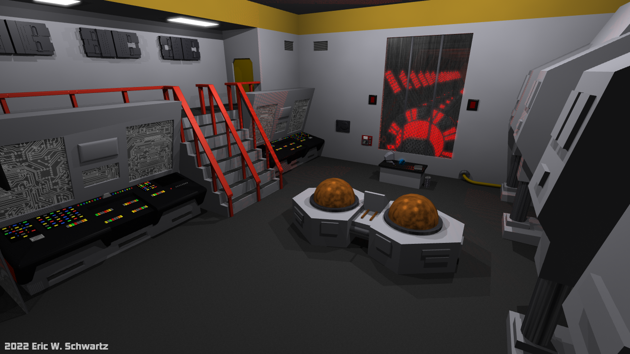 An environment for a Star Trek parody comic I've been working on, created in Lightwave 3D 5. The whole set was modeled by me,except for some borrowed detail elements (for example, some tech detailing on the walls are actually repurposed Super Nintendo and Sega Genesis consoles.)

Eric Schwartz