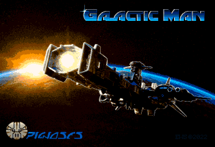 "Galactic Man"

The idea behind this was to see if I could take a photo of a toy, and manipulate it to look like a loading or title screen from a classic Amiga shoot-em-up game.

Photo taken with a Samsung Tablet, (original photo included) composited with space stock photo in Photogenics 5, scaling and format conversion in ADPro, with touch-ups and titles added in PersonalPaint 7
