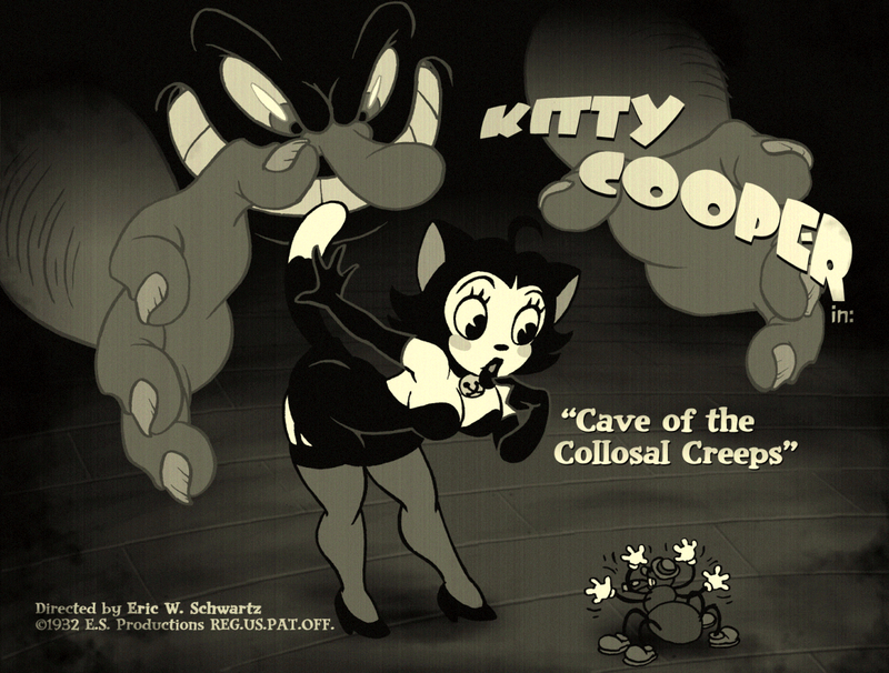 A title card for a hypothetical short cartoon in the style of early 1930s works such as  Betty Boop. Scanned line artwork colored/toned in Personal Paint 7 and Photogenics 5, with text/titles added using Pagestream, and effects and 'antiquing' done with ImageFX and ADPro.