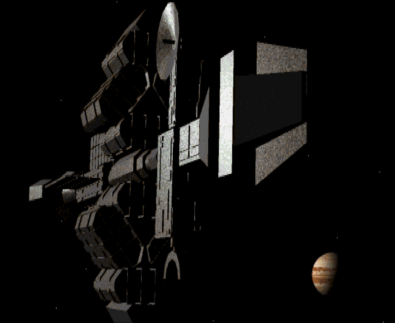 This render was made in Imagine 2.0.  It's the spacecraft from the 1984 movie 2010 A space odyssey.  There's a screen shot and a DpaintV file.
